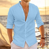 preiswerte Urlaub-Herren Hemd leinenhemd Hemd mit Stehkragen Sommerhemd Strandbekleidung Knopfhemd Glatt Urlaub Curise Schwarz Weiß Rosa Blau Langarm Stehkragen Frühling Sommer Bekleidung
