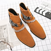 preiswerte Biker -Stiefel-Wildlederstiefeletten für Herren mit Riemen mit Totenkopf-Print und Kettendetail – stilvolles Western-inspiriertes Design für die Freizeit und Festivals