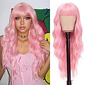 economico Parrucche trendy sintetiche-parrucche lunghe con frangia per donne parrucche per capelli ricci e ondulati parrucche in fibra sintetica resistenti al calore per l&#039;uso quotidiano alle feste