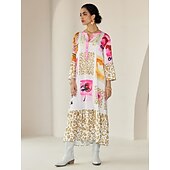 cheap Print Casual Dress-Satin Leopard Print Button Up Crew Neck Casual Daily Maxi Dress