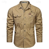cheap Men's Western Shirts-Men's Summer Shirt Casual Shirt Work Shirt Navy Blue Green khaki Light Grey Army Green Long Sleeve Cow Turndown Vacation Holiday Front Pocket Clothing Apparel Cotton Fashion Work Casual Comfortable