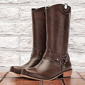 abordables Cowboy y botas occidentales-Botas de motociclista estilo western de piel sintética marrón para hombre: estilo clásico con detalle de arnés para uso ecuestre y casual