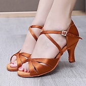 abordables Chaussures de danses latines-chaussures de danse de salon en satin noir pour femmes avec bride croisée et boucle en strass, talons confortables pour la danse latine et la salsa