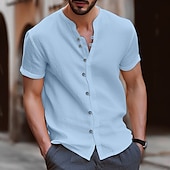 cheap Street-Men&#039;s Shirt Linen Shirt Band Collar Shirt Summer Shirt Beach Wear Button Up Shirt Plain Vacation Casual Black White Blue Khaki Short Sleeve Band Collar Summer Clothing Apparel