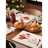 abordables Figuras coleccionables-Juego de 4 manteles individuales navideños de algodón y lino para decoración de mesa de invierno, fiestas, cocinas, comedores, etc., de temporada, para exteriores, interiores y exteriores, 30 x 45 cm