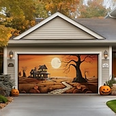 tanie Halloween pokrycie drzwi garażowych-dekoracje drzwi halloweenowych na zewnątrz halloweenowy baner na drzwi garażowe jack o lantern duży gobelin dekoracja tła na święta zewnętrzne drzwi garażowe dekoracje ścienne domu