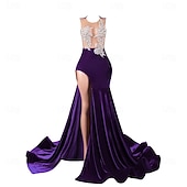 cheap Weddings &amp; Events-Mermaid Evening Gown Elegant Dress Evening Party Engagement Court Train Sleeveless Jewel Neck Velvet with Appliques