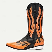cheap Cowboy &amp; Western Boots-Men&#039;s Black and Orange Mid-Calf Western Cowboy Boots - Bold Flame Design with High-Gloss Finish for Rodeo and Fashion Wear