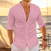 preiswerte Urlaub-Herren Hemd leinenhemd Hemd mit Stehkragen Sommerhemd Strandbekleidung Knopfhemd Glatt Urlaub Curise Schwarz Weiß Rosa Blau Langarm Stehkragen Frühling Sommer Bekleidung