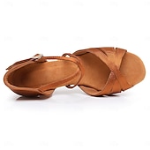abordables Chaussures de danses latines-chaussures de danse de salon en satin noir pour femmes avec bride croisée et boucle en strass, talons confortables pour la danse latine et la salsa