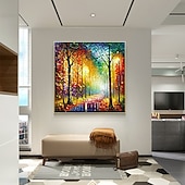 お買い得  風景画-手作りの木の壁アート カラフルな森の絵 手作りのキャンバス カラフルな木々 森のキャンバスの絵 雨とのデートのキャンバスの絵 巨大なキャンバス 家の装飾 秋のキャンバス