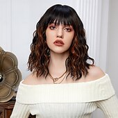 baratos Perucas Sintéticas sem Touca-Perucas de Cosplay Encaracolado Ondas Soltas Prumo Franja Lisa Com Franjas Peruca 14 polegadas Preto / Marron Cabelo Sintético Mulheres Elástico Adorável Confortável Marrom Escuro
