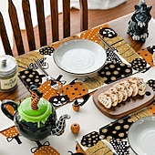 abordables Halloween Cocina-Paquete de 4 manteles individuales de lino para Halloween, resistentes al calor, para decorar la mesa del comedor de la cocina y como accesorio de mesa para fiestas espeluznantes.