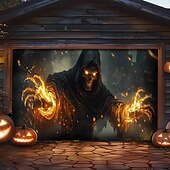 tanie Dekoracja Halloween-dekoracje drzwi halloweenowych na zewnątrz halloweenowa osłona drzwi garażowych baner jack o lantern dynia szkielet śmierć na zewnątrz duże tło dekoracja na święta zewnętrzne drzwi garażowe dekoracje
