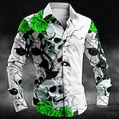cheap Men&#039;s Printed Shirts-Men&#039;s Rose Skull Button Up Shirt Long Sleeve Casual Dark Party Evening Wear Daily Fall Winter Spring &amp; Summer Shirt Collar Button Up 3D Print Black White Blue Purple Green