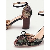 economico Block Heels-scarpe col tacco a blocco con cinturino alla caviglia e motivo floreale da donna con dettaglio fiocco, perfette per le occasioni di ispirazione vintage