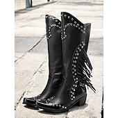 levne Cowboy &amp; Western Boots-dámské hnědé westernové kovbojské boty s třásněmi a cvočky, vintage boty ke kolenům pro rodeo a country outfit