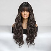 abordables Perruques Synthétiques Sans Bonnet-Perruque Synthétique Bouclé Ondulé Coupe Droite Avec Frange Perruque 26 pouces Brun foncé Cheveux Synthétiques Femme Cheveux Colorés Confortable Avec des franges Marron clair