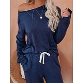 billiga Sovkläder till damer-pyjamasset för kvinnor ren färg mode grundläggande komfort hem daglig säng andas rund hals långärmad byxficka resår midja höst vinter hem outfits