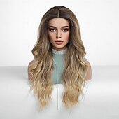abordables Perruques synthétiques à dentelle-Perruque en dentelle synthétique Ondulation naturelle Style 26 pouce Ombre Blond Marron Foncé Doré Partie médiane Ouverte Perruque Femme Perruque Brun doré avec blond