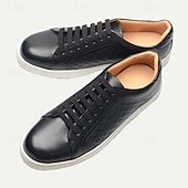 billige Førsteklasses joggesko i skinn-svarte skinnsneakers for menn med mesh-paneldesign - uformelle snøresko for hverdagsbruk