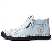 cheap Men&#039;s Slip-ons &amp; Loafers-Men&#039;s Casual Light Blue Leather Loafers with Unique Hand-Stitched Details and Zip Closure, Ideal for Daily Wear