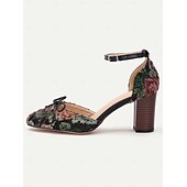 economico Block Heels-scarpe col tacco a blocco con cinturino alla caviglia e motivo floreale da donna con dettaglio fiocco, perfette per le occasioni di ispirazione vintage
