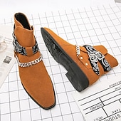 preiswerte Biker -Stiefel-Wildlederstiefeletten für Herren mit Riemen mit Totenkopf-Print und Kettendetail – stilvolles Western-inspiriertes Design für die Freizeit und Festivals