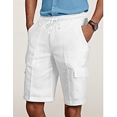 cheap Classic-Men&#039;s Cargo Shorts Shorts Linen Shorts Summer Shorts Beach Shorts Drawstring Elastic Waist Multi Pocket Plain Knee Length Outdoor Casual Daily Vacation Casual Black White Inelastic