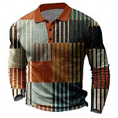 billige Color Block Polo for menn-Herre Ruter Golf skjorte Langermet Poloskjorter Skjorter med krage Årgang Fritid Ferieklær Formell klær Festivalklær Knapper 3D-utskrift Vår Høst Vinter Brun