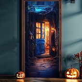 billige Halloween dørdeksler-halloween dørdekorasjoner halloween dørdeksler skummel dyster dør billedvev dør gardin dekorasjon bakteppe dør banner for inngangsdør gårdshus ferie fest innendørs utendørs dekor forsyninger