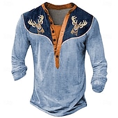 Men's Halloween Deer Henley Shirt Long Sleeve 3D Print Daily Ethnic Party Street Casual Winter Spring & Fall Blue Orange Gray Henley Henley T-Shirt 9