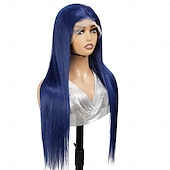 economico Parrucche lace front capelli veri-Parrucca frontale in pizzo blu 13x4 con capelli umani, parrucca frontale in pizzo trasparente con capelli lisci, densità 150%