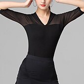 cheap Tops &amp; Sets-Latin Dance Top Pure Color Splicing Tulle Women&#039;s Performance Training Half Sleeve High Polyester