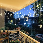 abordables Lumières de cordes solaires-Rideau lumineux en forme d&#039;étoile et de lune avec télécommande, 3,5 m, 138 LED, 8 modes, pour mariage, fête de Noël, extérieur, étanche, pour tente, chambre à coucher, salon, balcon, fenêtre,