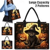 tanie Torby-torba typu tote z motywem Halloween z czarnym kotem i motywem dyni - duża pojemność, wielokrotnego użytku torba na zakupy dla kobiet