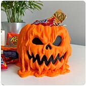abordables Decoraciones Colgantes y de Mesa para Halloween-Tazón de calabaza derretida para dulces de Halloween, tazón de calabaza de Halloween con tapa, plato de dulces de calavera derretida para decoraciones de Halloween, suministros aterradores para