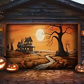 tanie Halloween pokrycie drzwi garażowych-dekoracje drzwi halloweenowych na zewnątrz halloweenowy baner na drzwi garażowe jack o lantern duży gobelin dekoracja tła na święta zewnętrzne drzwi garażowe dekoracje ścienne domu