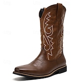 levne Cowboy &amp; Western Boots-pánské klasické hnědé westernové kovbojské boty – odolná kůže s detailní výšivkou pro outdoorové i běžné nošení