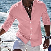 cheap Vacation-Men&#039;s Shirt Linen Shirt Summer Shirt Beach Shirt Plain Vacation Curise Black White Pink Blue Long Sleeve Lapel Spring &amp; Summer Clothing Apparel Basic