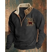 cheap Basic Sweatshirts-Men&#039;s Sweatshirt Quarter Zip Sweatshirt Black Navy Blue Brown Gray Half Zip Reindeer Print Christmas Daily Holiday Polyester Streetwear Casual Bavarian Fall &amp; Winter Clothing Apparel Hoodies