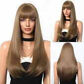 baratos Perucas Sintéticas sem Touca-Peruca sintética feminina de 26 polegadas, cor gradiente, cabelo longo e liso marrom com franja, moda diária, festa, cosplay