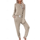 billiga Sovkläder till damer-pyjamasset för kvinnor ren färg mode grundläggande komfort hem daglig säng andas rund hals långärmad byxficka resår midja höst vinter hem outfits