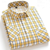 Men's Dress Shirt Stripes and Plaid Office & Career Office Party Light Blue Black Dark Red Yellow Short Sleeve Turndown Spring & Summer Clothing Apparel 18