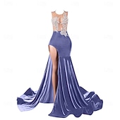 cheap Weddings &amp; Events-Mermaid Evening Gown Elegant Dress Evening Party Engagement Court Train Sleeveless Jewel Neck Velvet with Appliques