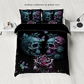 cheap Duvet Cover Sets-Gothic Cool Skull Floral Print 3-Piece Duvet Cover Set Bedding Set - Unique and Artistic Design - Includes Duvet Cover and Pillowcases - Soft and Durable Fabric - Perfect for Adding an Edgy Touch to Your Bedroom Decor