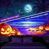 cheap Halloween Wall Tapestries-Halloween Decorations Blacklight Tapestry UV Reactive Glow in the Dark Glow Party Skulls Psychedelic Trippy Misty Hanging Tapestry Wall Art Mural for Living Room Bedroom Pumpkins