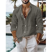 cheap Vacation-Men&#039;s Shirt Linen Shirt Summer Shirt Beach Wear Button Up Shirt Plain Casual Daily Black White Pink Blue Long Sleeve Collar Spring &amp; Summer Clothing Apparel