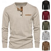 preiswerte Lässiges Henley-T-Shirt-Herren T-Shirt mit Knöpfen T Shirt Cordhemd Henley Hemd Langarm Henley Frühling &amp; Herbst Einfach Mode Designer Basic Urlaub Straße Ausgehen Schwarz Wein Braun Top T-Shirt für Herren