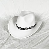 abordables Chapeaux de fête-chapeau de cowboy western blanc pour femmes et hommes, chapeau de cowboy bouclé avec fedora en cuir, chapeau de cavalier toca toca